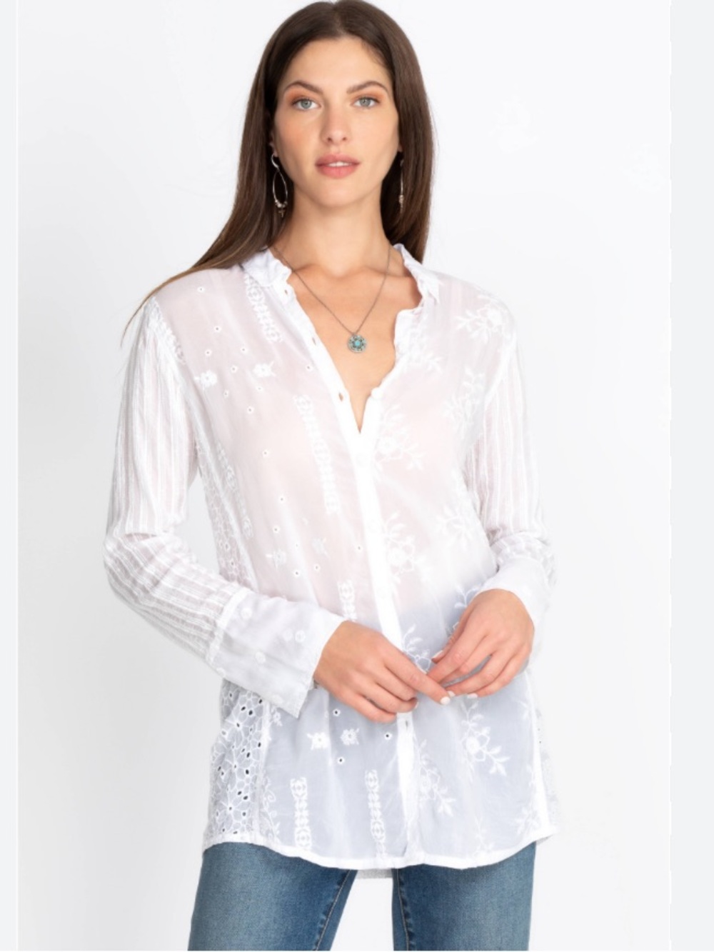 Johnny Was NYX Shirt Off White Mixed Media Blouse Large Coastal Euro Summer NWT - Picture 15 of 16